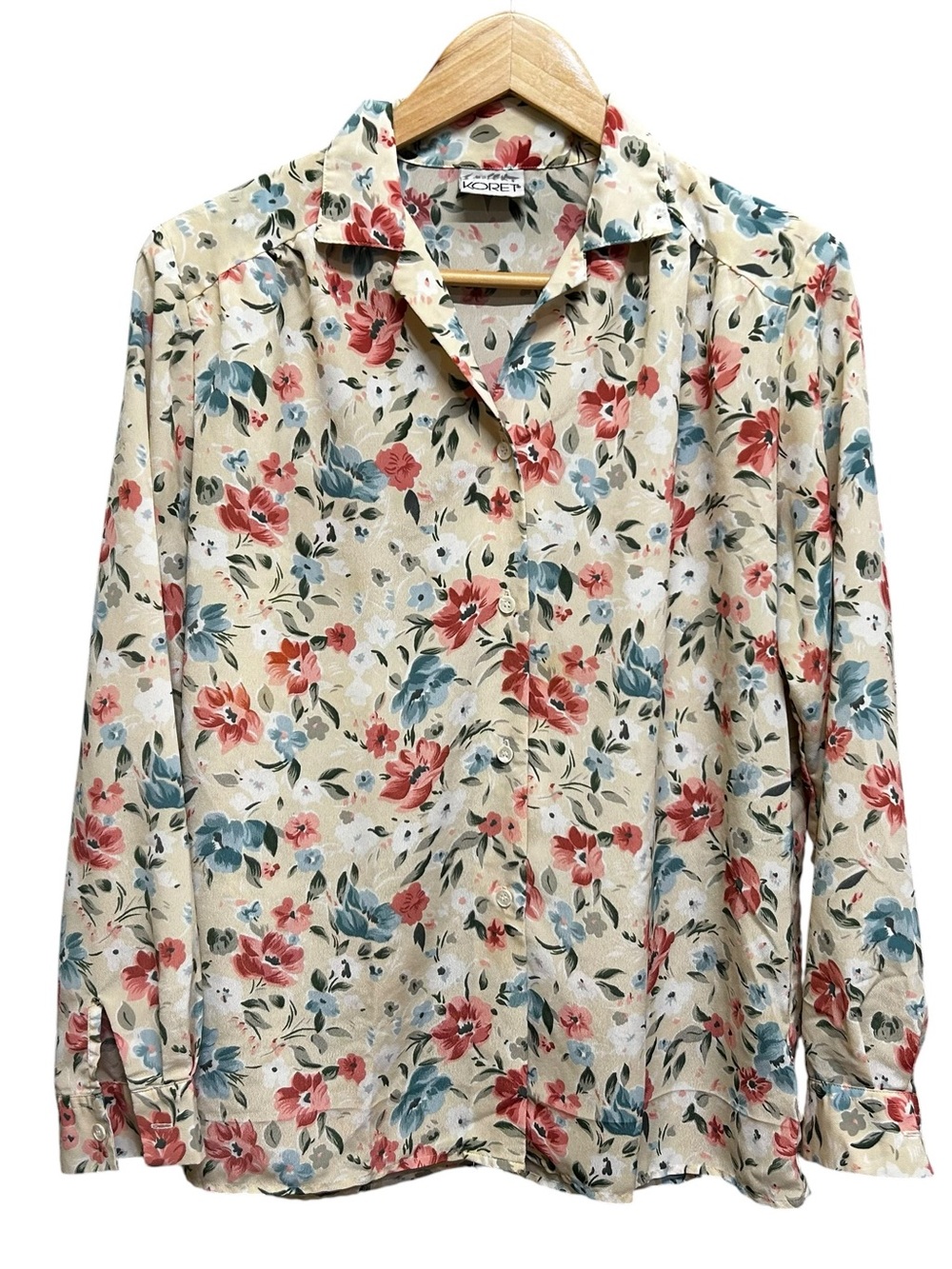 Vintage Koret Floral Blouse Top Size L Pink Blue Polyester Shoulder Pads